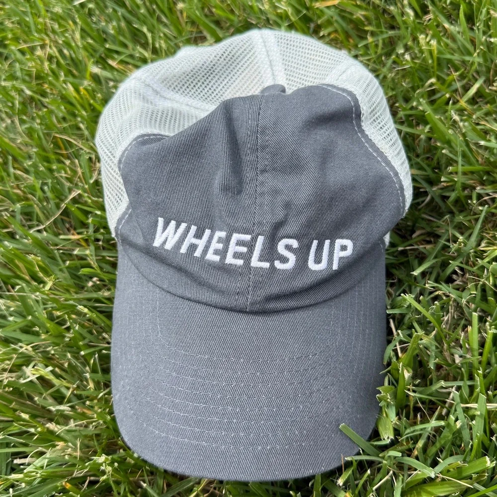 Wheels Up Trucker Hat Gray White Mesh Back American Flag Aviation Cap Adjustable